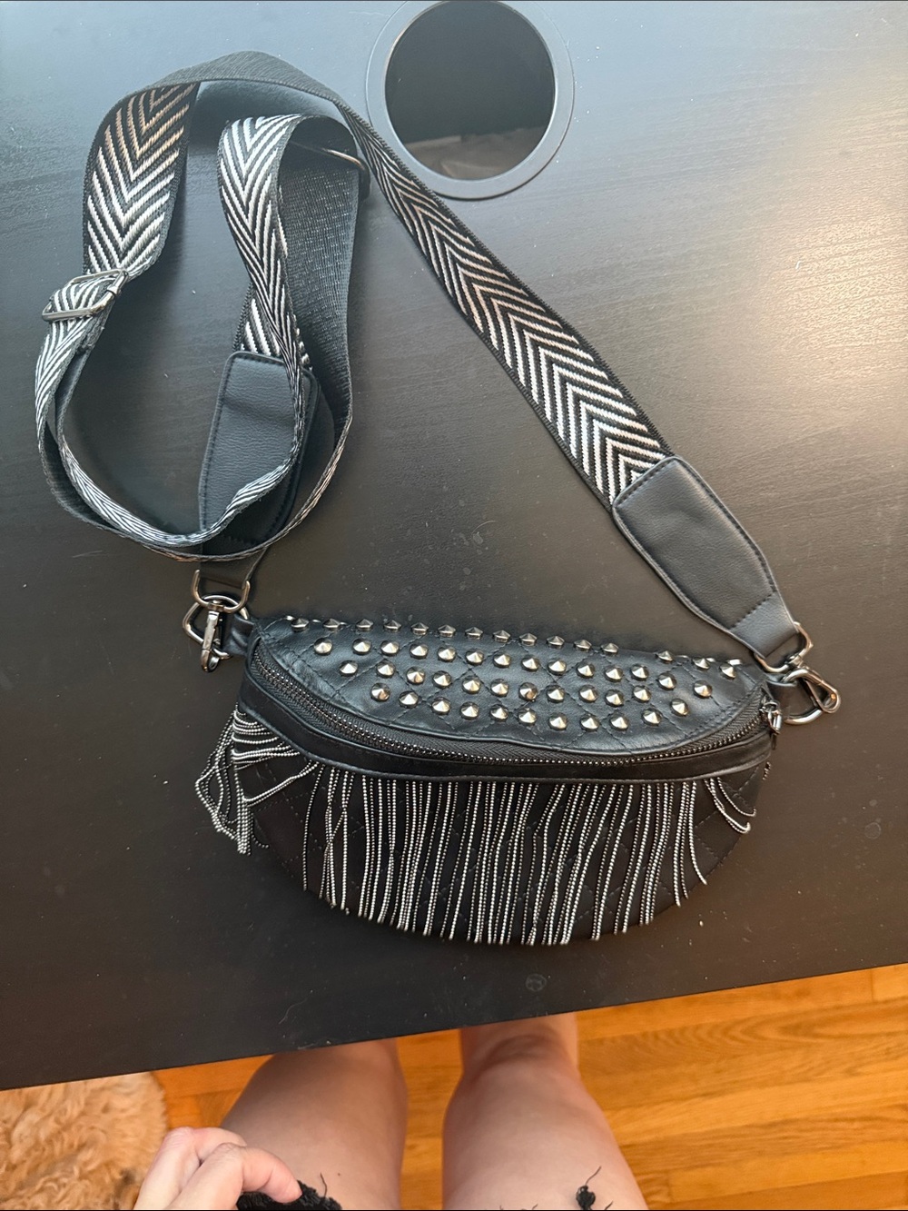 Black Fringe Crossbody Bag with Studded Detail - Picture 6 of 11